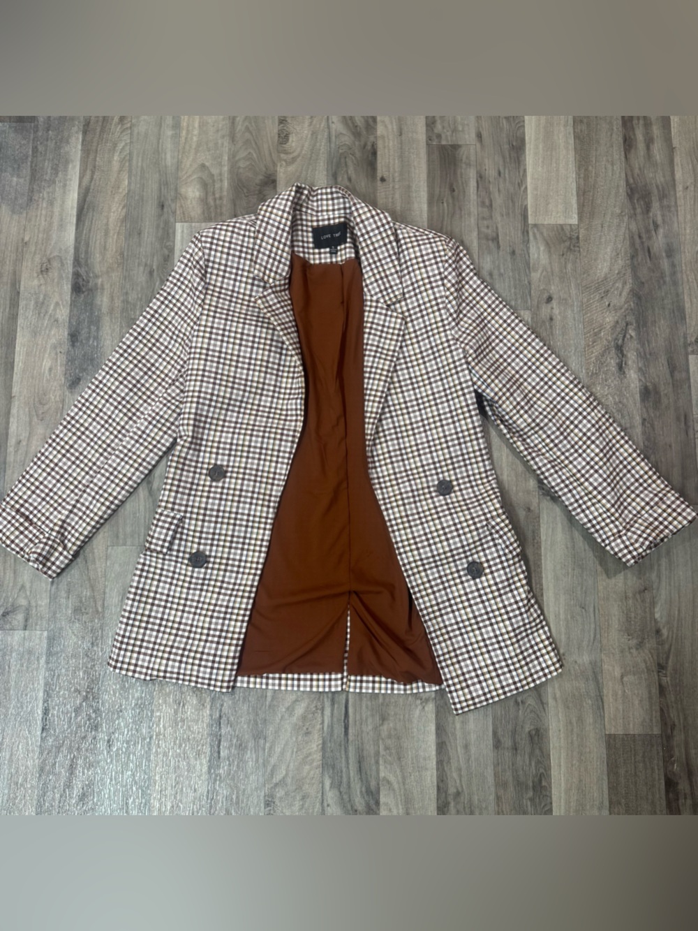 Love Tree Brown Gingham Longline Blazer Small Double Breasted Plaid Jacket